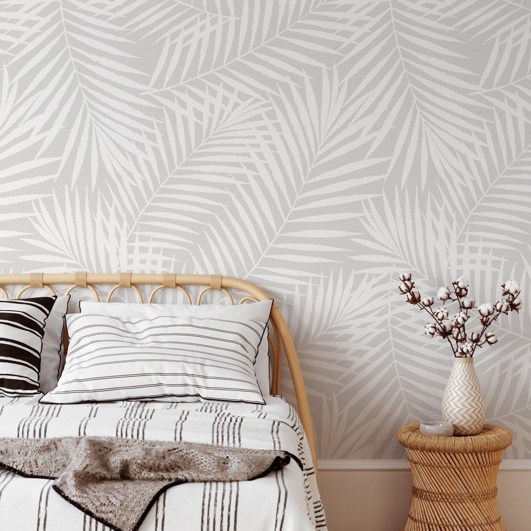 Tropical Wallpaper in Peel and Stick Featuring Large White Palm Leaf ...