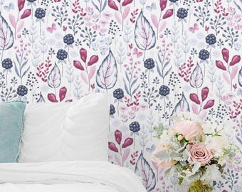 Scandinavian Floral Wallpaper Pink Navy Wildflower Nursery Decor Peel and Stick
