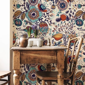 Passion Flower Illustrated Vintage Wallpaper, Colorful Floral Wallpaper, Self-adhesive Peel and Stick Wallpaper, Vinyl Kitchen Wall Decor
