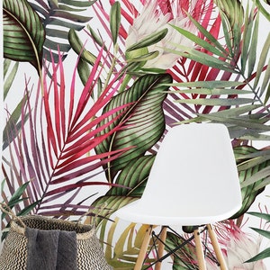 Banana Leaf Wallpaper, Palm Leaves Wallpaper, Pink and Green Tropical Leaves Wallpaper Covering, Peel and Stick Removable Wallpaper