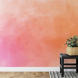 Watercolor Pink and Orange Wallpaper, Abstract Wall Art for Bedroom Decor, Summer Theme Sunset Wall Mural, Peel & Stick Removable Wallpaper