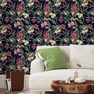 Tropical flower and Leaves Wall Mural, Floral Peel and Stick Wallpaper, Peony, Rose, Hibiscus Flowers Temporary Wall Decal Self Adhesive