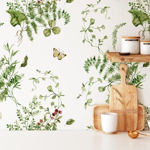 Green Leaf Floral Wallpaper, White Background Peel and Stick Wall Mural, Butterfly & Flower Wallpaper for Living Room, Removable Home Decor