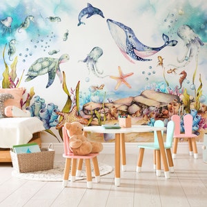 Under the Sea Wallpaper, Sea Life Wallpaper, Nursery Ocean Life Wall Decal, 3D Sea Life Waterproof Wallpaper, Peel and Stick Wall Mural