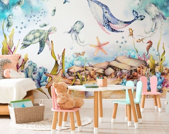 Under the Sea Wallpaper, Sea Life Wallpaper, Nursery Ocean Life Wall Decal, 3D Sea Life Waterproof Wallpaper, Kid Room Ocean Wallpaper