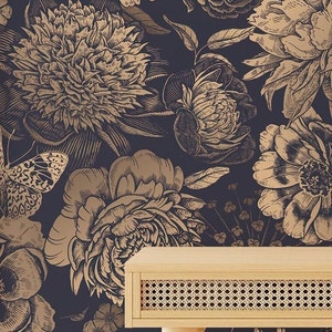 Black Floral Wallpaper With Roses & Butterflies, Gold Peony Wallpaper