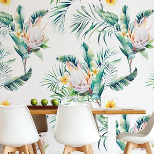 Tropical removable wallpaper, Green and Pink tropical wallpaper, Peel and stick floral wallpaper,Bedroom wallpaper, Tropical wallpaper mural