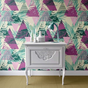 Large Leaves Geometric Abstract Wallpaper Peel and Stick, Temporary Botanical Wall mural for Bathroom, Kitchen or Office, Floral Mural T009