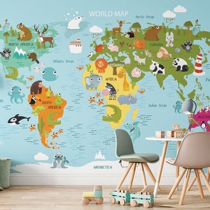 Kids World Map Wallpaper Peel & Stick, Custom Wallpaper for Kids. Map of the World Wall Paper Kids, Removable Wall Mural Kids, Wallpapermap