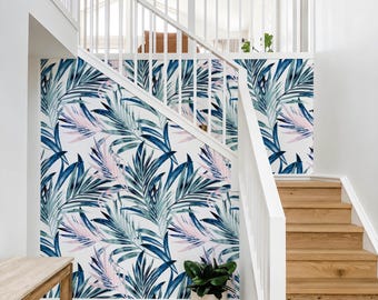 Tropical Palm Leaf Wallpaper Blue Green Botanical Peel and Stick Wall Mural