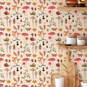 Botanical Wallpaper, Mushroom Wallpaper, Removable Wallpaper, Colorfull Art Deco Wallpaper,  Baby Room Wallpaper, Self Adhesive Wallpaper