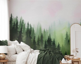 Landscape Wallpaper in Peel and Stick Featuring Green Misty Forest Foggy Woodland Trees Removable Bedroom or Cabin Decor