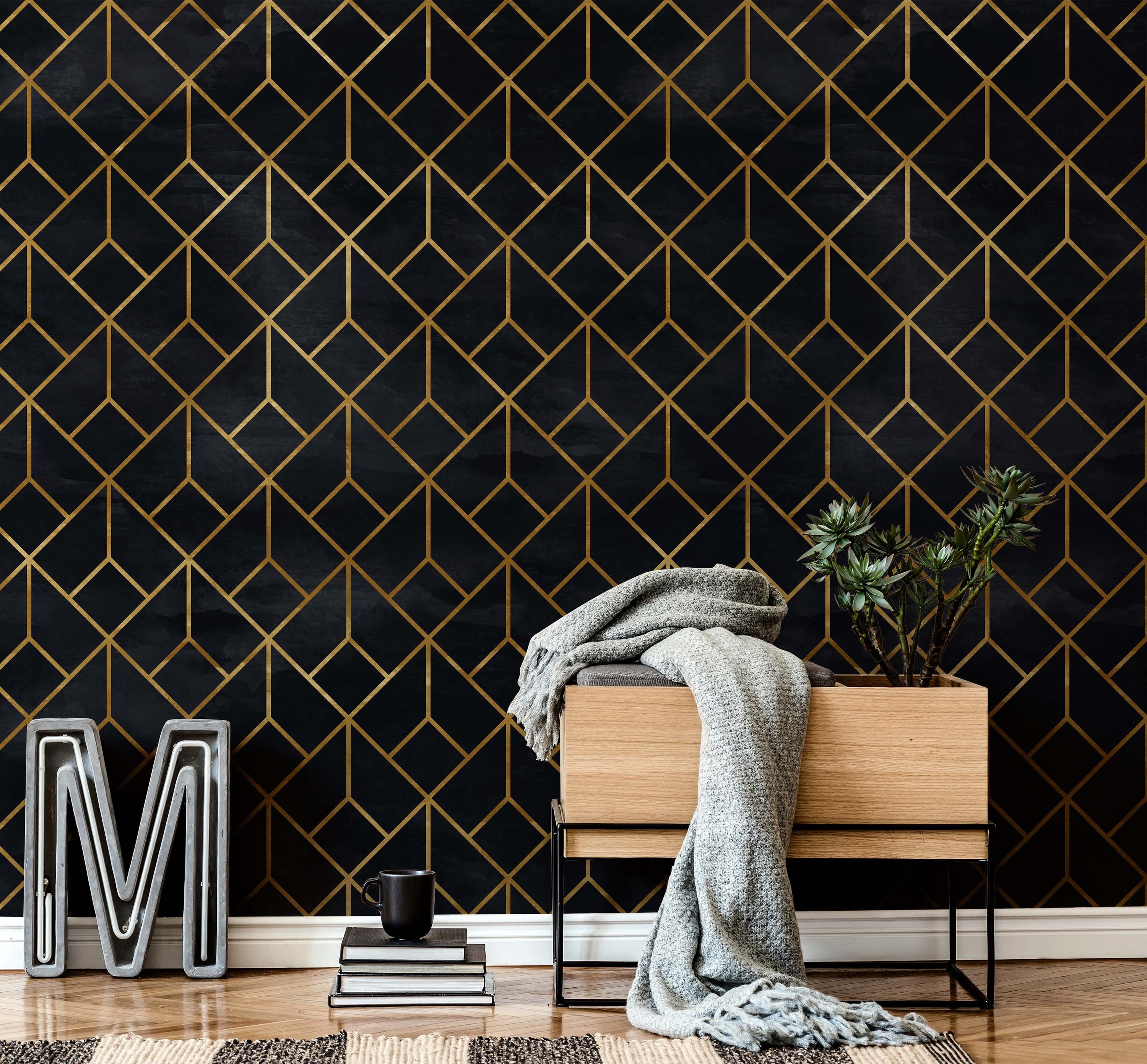 Geometric Removable Wallpaper Black & Gold Wall Decor Peel Etsy
