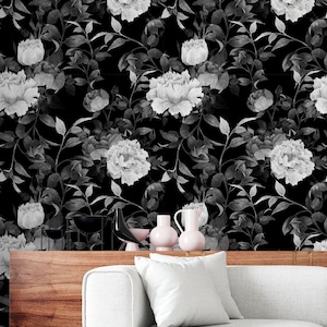 Black and White floral wallpaper, Vintage rose wallpaper, Peel and Stick wallpaper, Black and White wallpaper mural, Dark floral wallpaper