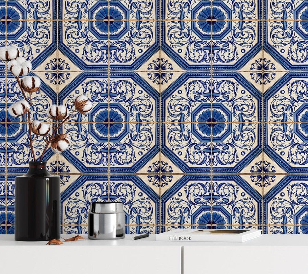Mediterranean Blue Tile Wallpaper Blue and White Moroccan - Etsy