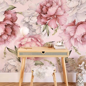 Pink Peony Floral Wallpaper, Art Deco Peel and Stick Removable Wall Mural
