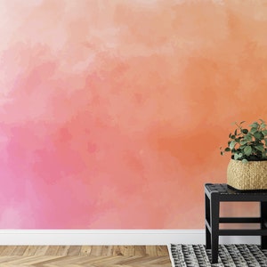 Peel and Stick Self-Adhesive Wallpaper, Watercolor Peach and Orange Gradient Wall Art for Bedroom Decor, Elegant Sunset Abstract Wall Mural
