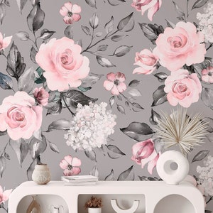 Pink Flower Peel and Stick Wallpaper, Vintage Large Floral Wallpaper, Removable Wallpaper, Mural Wallpaper for Room Decor, Wall Decor