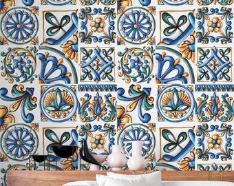 Mediterranean Tile Peel and Stick Wallpaper, Blue Yellow Ceramic Pattern, Removable Decor