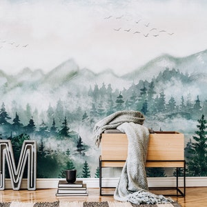 Forest wallpaper mural, Landscape mural wallpaper,Pine Forest wallpaper Peel and Stick, Mystical forest wallpaper, Mountains wallpaper