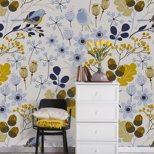 Yellow Blue Floral Wallpaper, Bird and Flower Botanical Wallpaper, Scandinavian Nature Peel Stick Wallpaper, Modern Wall Mural, Home Decor