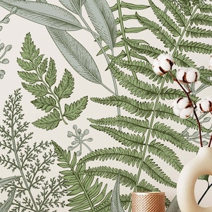 Botanical Green Fern Wallpaper for Living Room, Leaves Nature Wall Art, Peel and Stick Self-Adhesive Plant Wallpaper, Bedroom Wallpaper