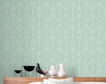 Geometric Wallpaper in Peel and Stick Featuring Botanical Green Leaf Pattern Removable Vinyl Bedroom Decor