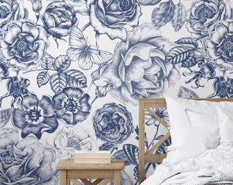 Blue Vinyl Botanical Wallpaper, Blue And White Floral Wallpaper,  Rose Wall Covering Peel And Stick Wallpaper, Whimsical Wallpaper