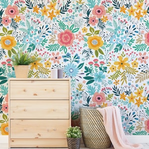 Peel and Stick Self-Adhesive Wallpaper, Bright Floral Wallpaper for Home Decor, Multicolor Flowers Wall Art, Funky Summer Season Art Deco