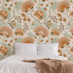 Indian Floral Wallpaper, Paisley Boho Wallpaper, Autumnal Floral Wall Art, Room Decor Wallpaper, Vintage-Style Floral Wall Mural, Home Decor