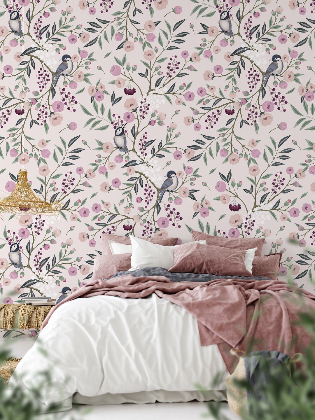 Chinoiserie Pink Peony Floral Wallpaper, Purple Chinoiserie Wallpaper ...