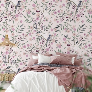 Chinoiserie Pink Peony Floral Wallpaper, Purple Chinoiserie Wallpaper For Wall, Cherry Blossom Peel And Stick Wallpaper, Bathroom Wallpaper