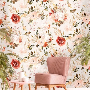 Orange Rose Wallpaper, Watercolor Vintage Rose Wall Mural, Peel and Stick Floral Wallpaper, Peachy Pink Rose Wallpaper, Floral Wallpaper