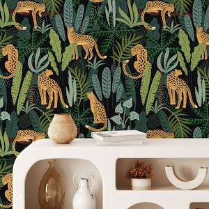 Wild Tropical Jungle with Leopard Wallpaper, Tropical Foliage Wallpaper, Peel and Stick Forest Wallpaper, Vinyl, Self-Adhesive, Washable