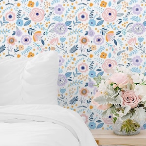Floral Peel and Stick, Bedroom Removable Wallpaper, Flowers Mural Wallpaper, Floral Wallpaper for Wall Decor, 80s Room Decor Wallpaper
