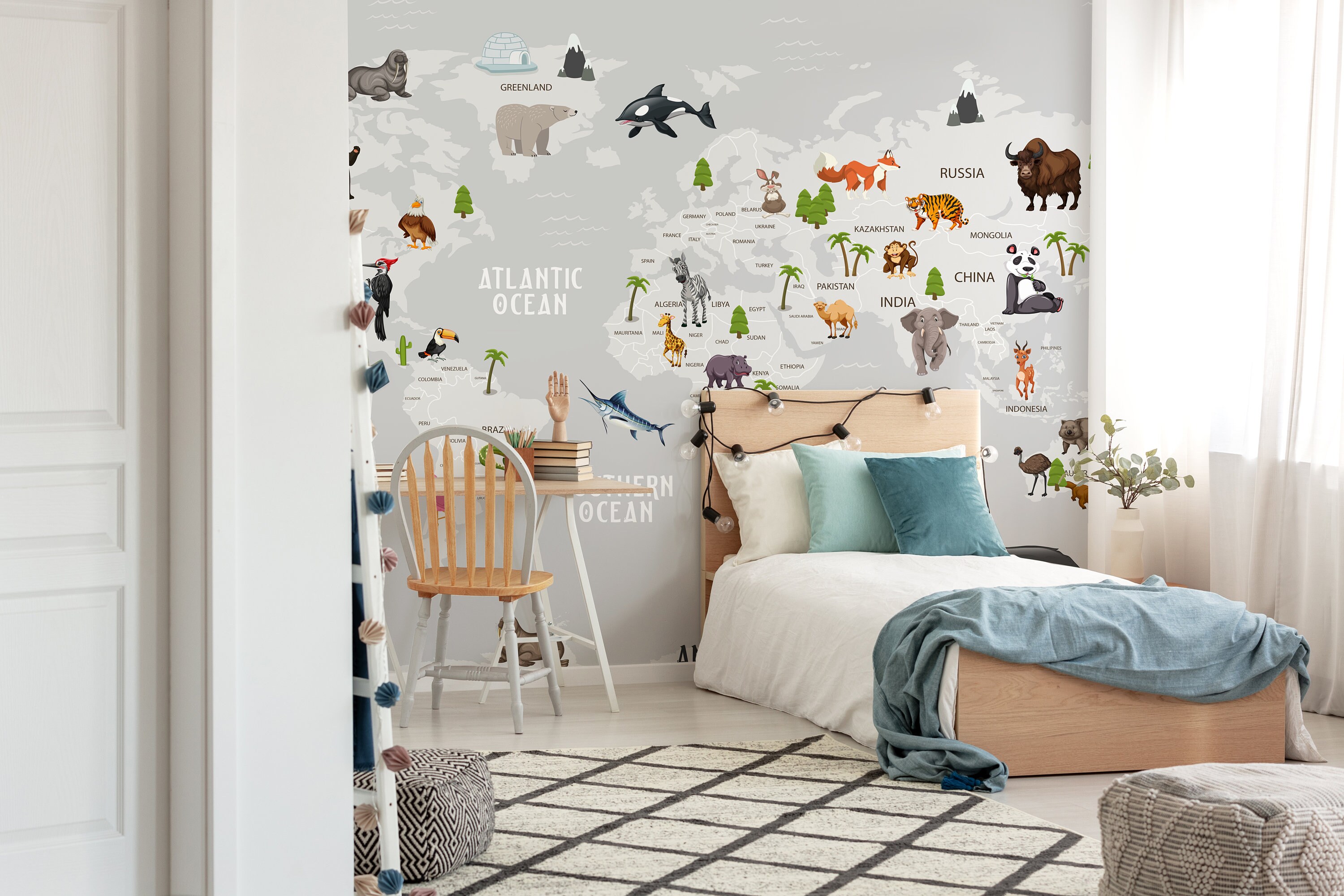 World Map Kids Wall Mural, Nursery Removable Wallpaper Peel and Stick ...