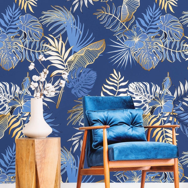 Blue and Gold Palm Tropical Wallpaper, Monstera Leaf Wallpaper Mural, Wallpaper Gift For Mom, Tropical Peel and Stick Wallpaper, Wall Art
