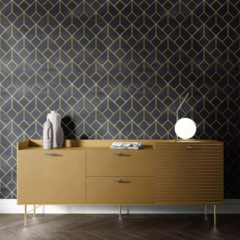 Black Gold Geometric Wallpaper Art Deco Peel and Stick Removable Wall Decor image 4