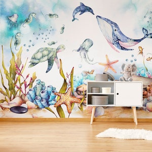 Under the Sea Wallpaper, Sea Life Wallpaper, Nursery Ocean Life Wall Decal, 3D Sea Life Waterproof Wallpaper, Peel and Stick Wall Mural image 3