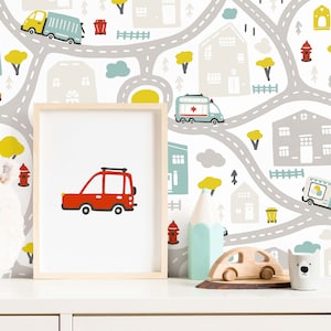 Nursery Wallpaper, City map wallpaper, Baby boy nursery, Cars decal, Non Toxic Wallpaper, Cute wallpaper for boy, Peel stick wallpaper