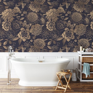 Black Floral Wallpaper With Roses & Butterflies, Gold Peony Wallpaper