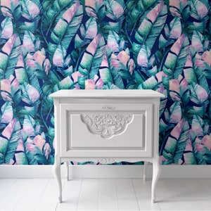 Tropical wallpaper peel and stick, Removable Floral Wallpaper, Wall decor, Botanical tropical big leaves wallpaper, Floral wall mural