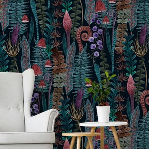 Dark Forest Wallpaper, Fantasy Botanical Wallpaper, Woodland Wallpaper, Gothic Home Decor, Peel and Stick Wallpaper, Wall Mural
