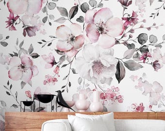 Watercolor Floral Peel and Stick Wallpaper Removable Botanical Vinyl Decor