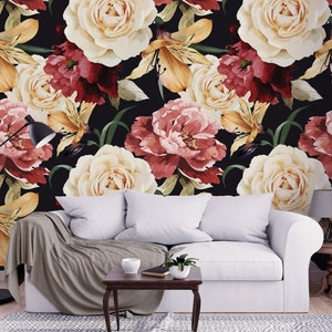 Dark Floral Botanical Wallpaper, Large Peony, Rose Bloom Wallpaper, Peel and Stick Vinyl Wallpaper, Moody Floral Wall Mural, Self-Adhesive