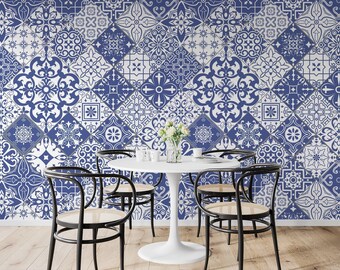 Blue Tile Peel and Stick Wallpaper Abstract Boho Pattern Removable Decor