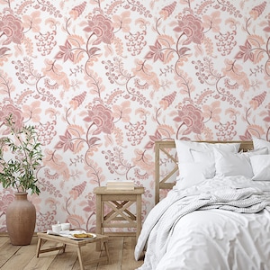 Botanical Pink Flower Wallpaper, Luxury Peel and Stick Wallpaper, Vintage Wall Décor, Art Deco Vinyl Wallpaper,  Removable Wallpaper