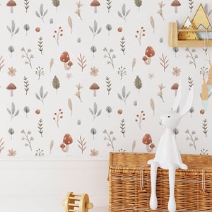 Mushroom Wallpaper for Room Decor, Fall Leaves Peel And Stick Wallpaper, Forest Wallpaper, Whimsical Wallpaper, Girls Wallpaper, Wall Art