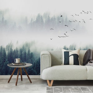 Mountain Removable wallpaper, Landscape forest wallpaper, Forest wall decor, Waterproof botanical wallpaper, Panoramic wallpaper