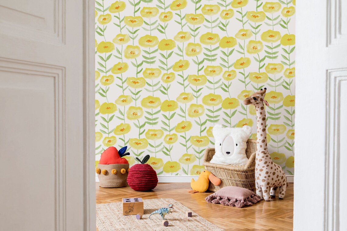 Peel & Stick Wallpaper Yellow Watercolor Floral Nursery Wall | Etsy